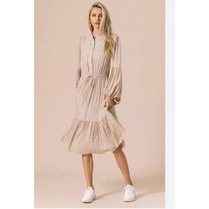 Bohme Smocked/tiered Long Puff Sleeve Button Tie Dress Size Small Tan White